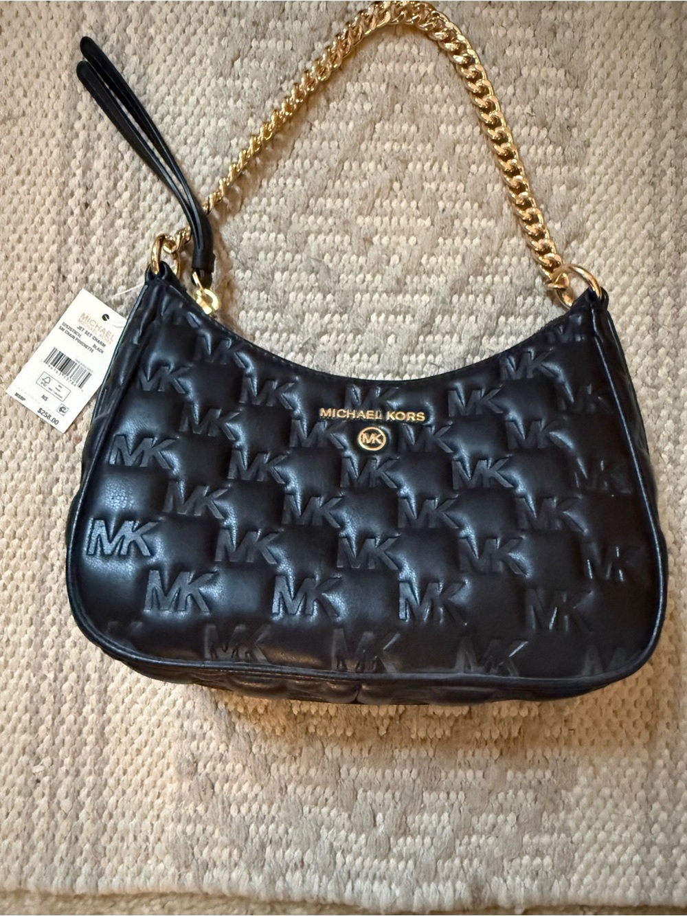 Michael Kors Black Quilted MK Logo Shoulder Bag with Gold Chain Strap